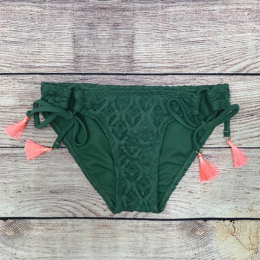 NWOT Olive Green Lace Bikini Bottoms with tassels